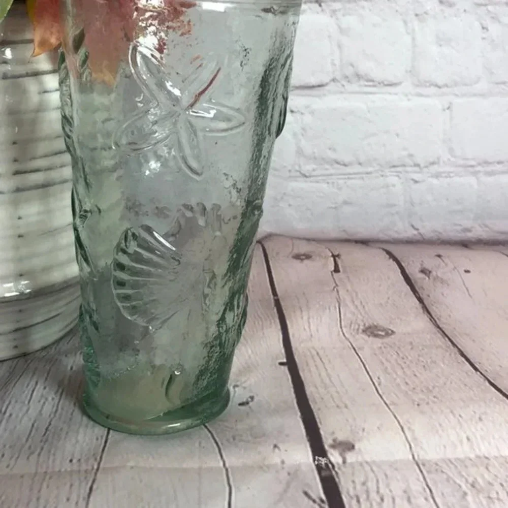 vintage glass vase with beach themed imprints